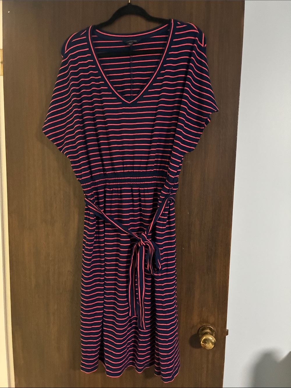 Lands End 1X Striped Navy and Pink V-Neck Belted Dress